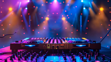 A vibrant scene of a DJs deck set up in front of a stage with colorful lights, creating an electrifying atmosphere for a music event.の素材