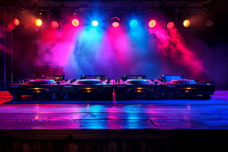 A vibrant stage adorned with various lights, creating a captivating visual spectacle for an electrifying performance or event.の素材