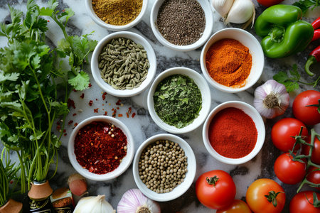 A variety of spices and fresh vegetables arranged on a kitchen table, including red pepper flakes, peppercorns, and fennel seeds, as well as red and green bell peppers, onions, and tomatoes.の素材