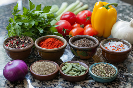 A variety of spices and fresh vegetables are laid out on a kitchen table, ready for cooking.の素材