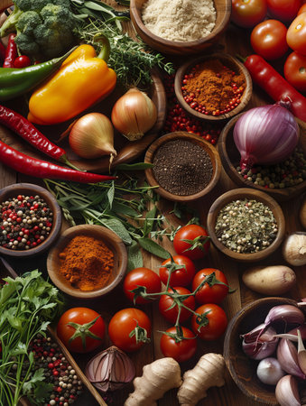 An assortment of fresh vegetables, herbs, and spices in bowls are arranged on a wooden kitchen table.の素材