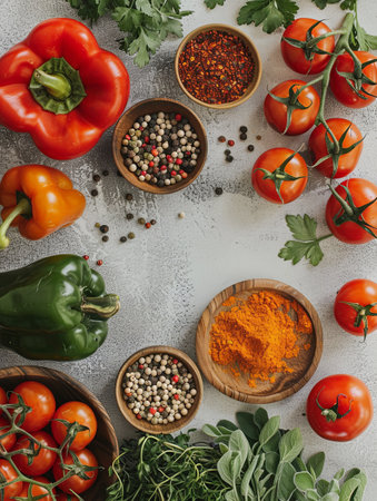 A close-up shot of fresh herbs, spices, and vegetables arranged on a kitchen table.の素材
