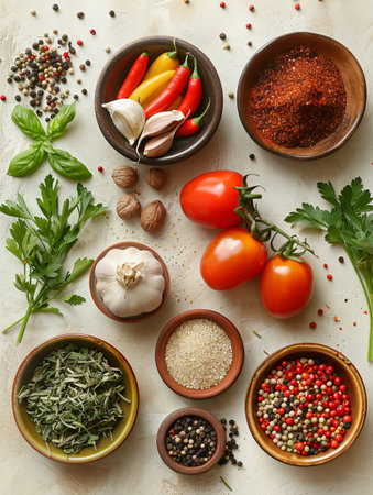 A kitchen table is filled with various fresh vegetables and spices in bowls.の素材