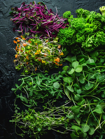 A close-up shot of a variety of colorful microgreens arranged on a black surface.の素材