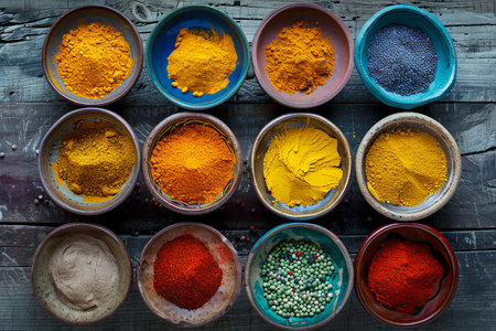 A top-down view of colorful spices in ceramic bowls on a wooden surface.の素材
