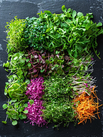 A variety of bright microgreens, including arugula, mustard, and cilantro, are displayed on a sleek black surface.の素材