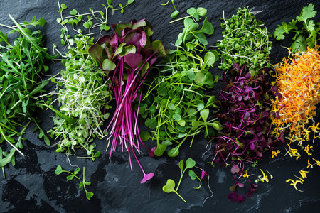 A close-up shot of a variety of colorful microgreens, including arugula, mustard, and cilantro, spread out on a black surface. The high contrast emphasizes the vibrant colors of the fresh sprouts.の素材