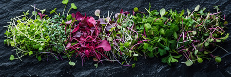Close-up view of colorful microgreens, including arugula, mustard, and cilantro, arranged on a black slate surface.の素材