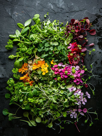 An assortment of colorful microgreens, including arugula, mustard, and cilantro, are displayed on a black surface.の素材