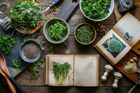 A flat lay photograph of a rustic kitchen table, featuring various bowls of microgreens, seed packets, and open recipe books.の素材