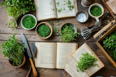 A wooden kitchen table is covered with a variety of recipe books and printed recipes featuring microgreens, showing the growing popularity of this nutritious ingredient.の素材