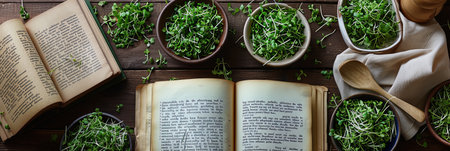 A flat lay showcasing several recipe books and bowls of fresh microgreens, displayed on a rustic wooden kitchen table.の素材