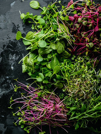 A close-up photo showing a variety of vibrant microgreens, including arugula, mustard, and cilantro, on a black background.の素材