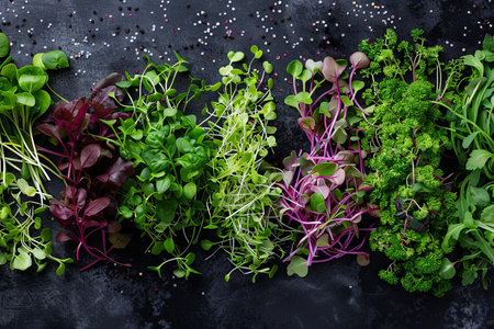 A close-up image showcases a variety of colorful microgreens, including arugula, mustard, and cilantro, spread out on a sleek black background.の素材