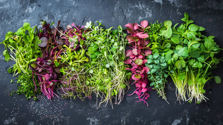 A close-up shot showing a variety of microgreens, including arugula, mustard, and cilantro, displayed on a dark background, emphasizing their bright colors.の素材