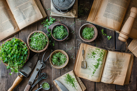 A rustic kitchen table is scattered with antique cookbooks and fresh microgreens, suggesting a focus on healthy, homemade recipes.の素材