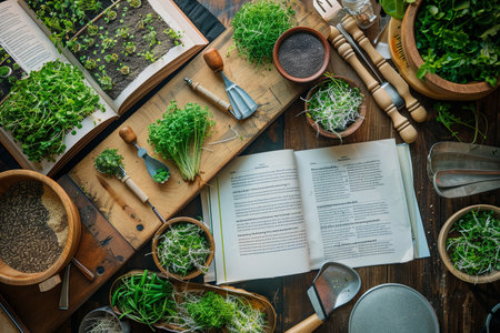 A flat lay photo showing various microgreen recipe books and fresh ingredients on a wooden table.の素材