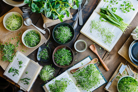 A flat lay image of a wooden kitchen table with multiple open recipe books featuring microgreens, along with a variety of fresh microgreens in bowls and dishes.の素材