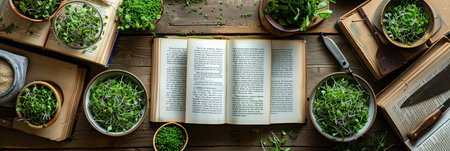A flat lay of various recipe books and printed recipes featuring microgreens, spread out on a wooden kitchen table.の素材