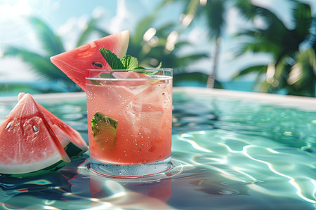 A glass of watermelon cocktail garnished with watermelon and mint, floating in a pool on a sunny day.の素材
