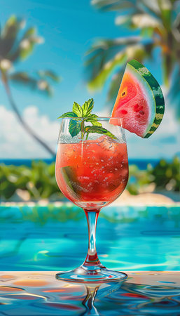 A glass of watermelon cocktail garnished with a wedge of watermelon and mint sits by a pool on a sunny day.の素材