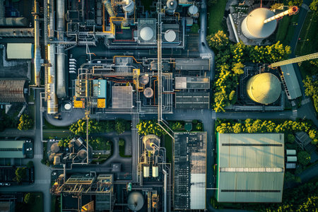 A birds-eye view of a modern industrial complex showing the interconnectedness of technology and manufacturing.の素材