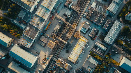 An aerial perspective showing a modern industrial complex with interconnected infrastructure, highlighting the concept of Industry 4.0 and its impact on manufacturing.の素材