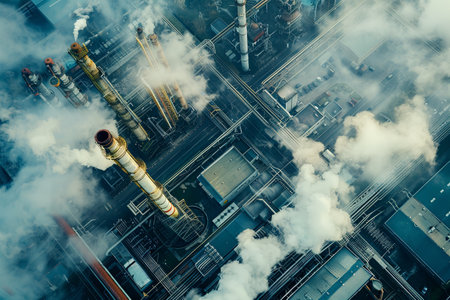 An aerial view of a modern industrial complex with smoke billowing from the chimneys, symbolizing the advancement of Industry 4.0 and the interconnectedness of communication networks.の素材