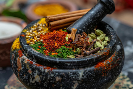 Close-up of a black marble mortar and pestle filled with a colorful blend of spices, including cinnamon sticks, cloves, cardamom pods, coriander seeds, and a red spice powder.の素材