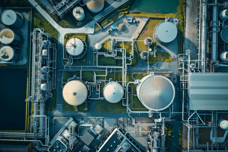 An aerial perspective of a modern industrial complex, showing a network of pipes and tanks, illustrating the interconnectedness of Industry 4.0 automation.の素材