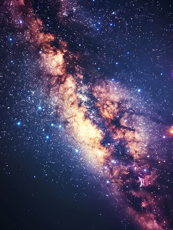 A panoramic view of the Milky Way galaxy, showing its vibrant colors, bright stars, and swirling cosmic dust.の素材