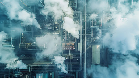 An aerial view of an industrial complex, with steam rising from the machinery, creating a visual metaphor for cloud computings network.の素材
