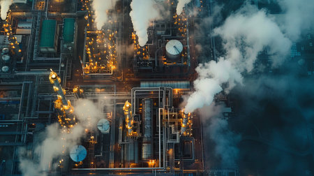 An aerial photograph captures the intricate network of a modern industrial complex, showing the interconnectedness of automation and cloud computing in a futuristic cityscape.の素材