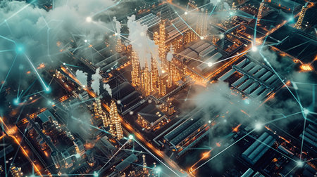 An aerial view of a bustling industrial complex at night, showing the interconnectedness of modern manufacturing through a glowing digital network.の素材
