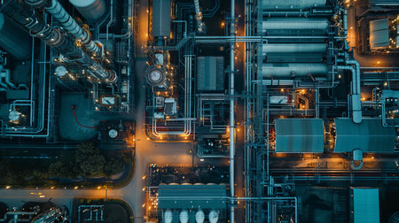 A high-angle view of a modern industrial area showing the intricate network of pipes, tanks, and machinery, highlighting the interconnectedness of Industry 4.0.の素材