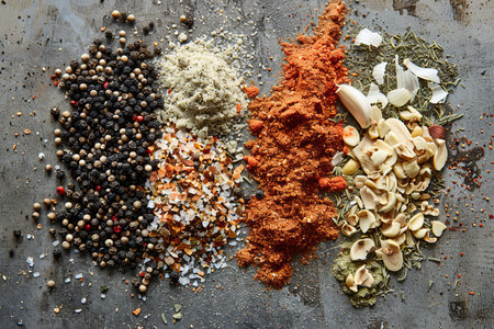 An assortment of grilling spices, including black pepper, garlic powder, paprika, and dried herbs, arranged on a kitchen surface.の素材