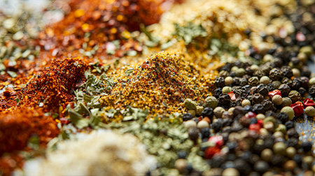A close-up image of various grilling spices spread out on a kitchen surface. The spices include black pepper, garlic powder, paprika, and dried herbs.の素材