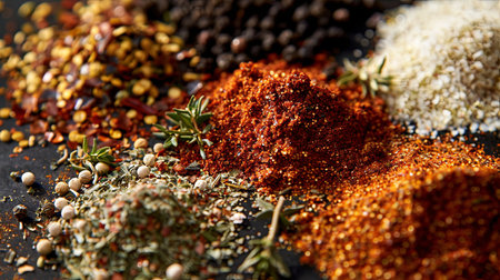 A close-up image showing a variety of spices commonly used for grilling, including black pepper, garlic powder, paprika, and dried herbs, arranged on a kitchen surface.の素材