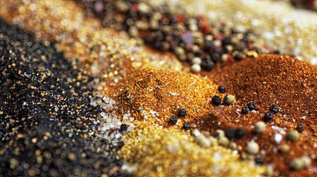 A close-up view of various spices for grilling, including black pepper, garlic powder, paprika, and dried herbs, spread out on a kitchen countertop.の素材