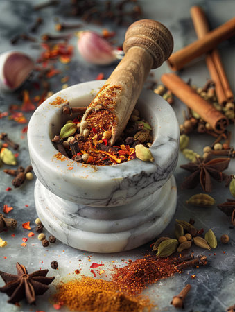 A close-up image of a marble mortar and pestle filled with a variety of colorful spices, including cinnamon, cloves, cardamom, and coriander.の素材