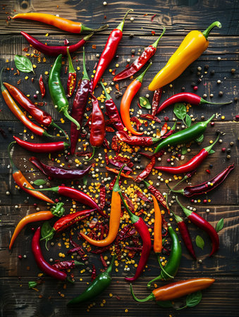 A vibrant mix of fresh and dried chili peppers of various colors and types, scattered on a rustic wooden surface.の素材