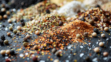 A collection of various grilling spices, including black pepper, garlic powder, paprika, and dried herbs, are scattered on a black countertop.の素材