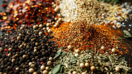 A close-up shot of a variety of spices, including black pepper, garlic powder, paprika, and dried herbs, arranged on a kitchen countertop.の素材