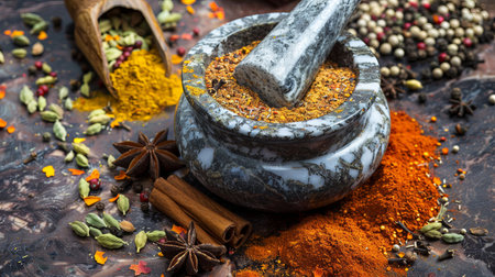 A marble mortar and pestle filled with a colorful blend of spices, including cinnamon, cloves, cardamom, and coriander, sits on a rustic tabletop.の素材