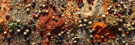 A variety of spices are spread out on a kitchen counter, ready for grilling. The mix includes paprika, black pepper, garlic powder, and dried herbs.の素材