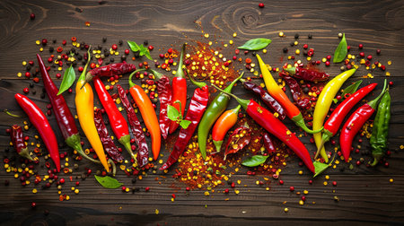 A vibrant assortment of fresh and dried chili peppers arranged on a rustic wooden surface, showing a colorful spectrum of red, yellow, green, and orange peppers.の素材