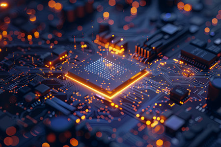 Close-up of a modern microprocessor chip on a motherboard, surrounded by digital data streams and glowing light effects, symbolizing the processing power of AI.の素材