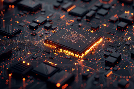 A close-up view of a microprocessor on a motherboard, surrounded by glowing digital data streams, representing the power of AI.の素材