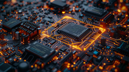 A close-up of a microprocessor on a motherboard with intricate digital data streams and glowing light effects, symbolizing the power of artificial intelligence.の素材