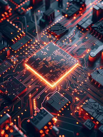 Close-up of a glowing microprocessor on a circuit board, symbolizing the processing power of artificial intelligence.の素材